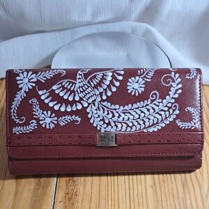 Hand Painted Maroon Leather Long Wallet with White Hand Painting